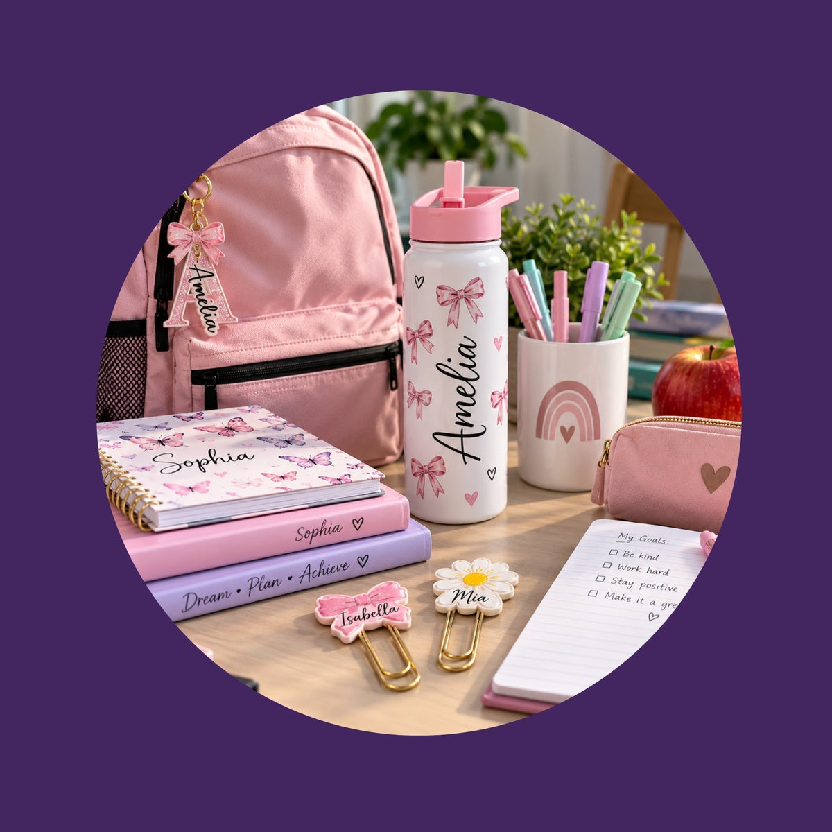 Personalised back to school gifts with name water bottle and bookmarks