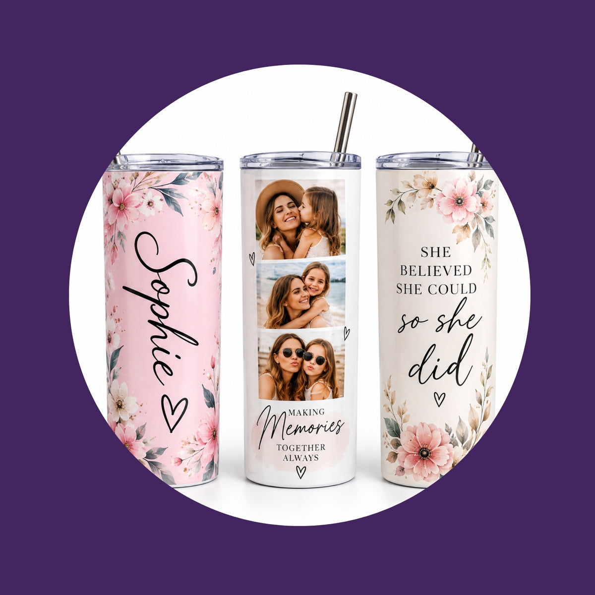 Two 20oz stainless steel tumblers on a plain white background