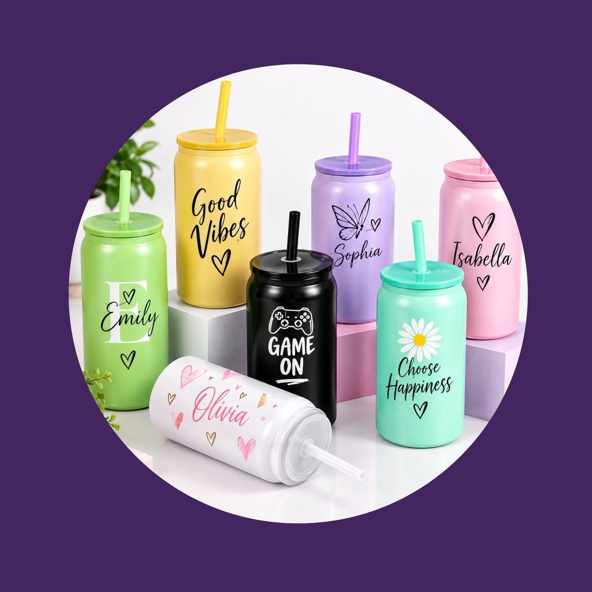 Personalised 16oz tumblers and cold cups in stainless steel glass and reusable designs