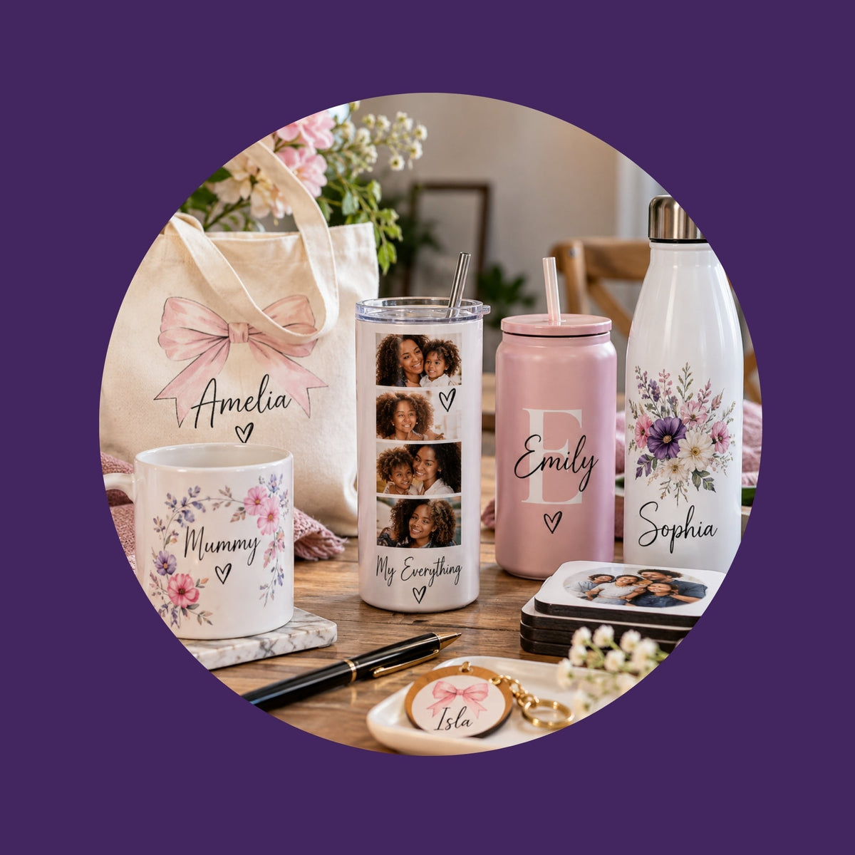 New personalised gifts including photo tumblers mugs and custom accessories in a lifestyle setting