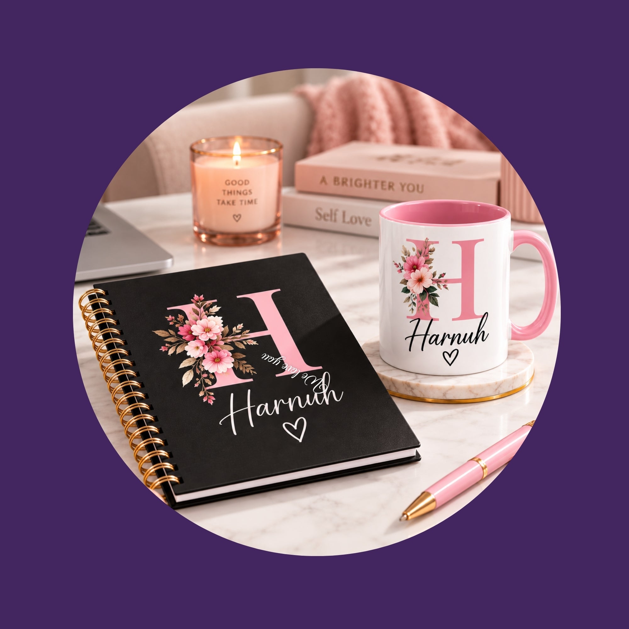 Personalised gifts for her with floral name mug and personalised notebook
