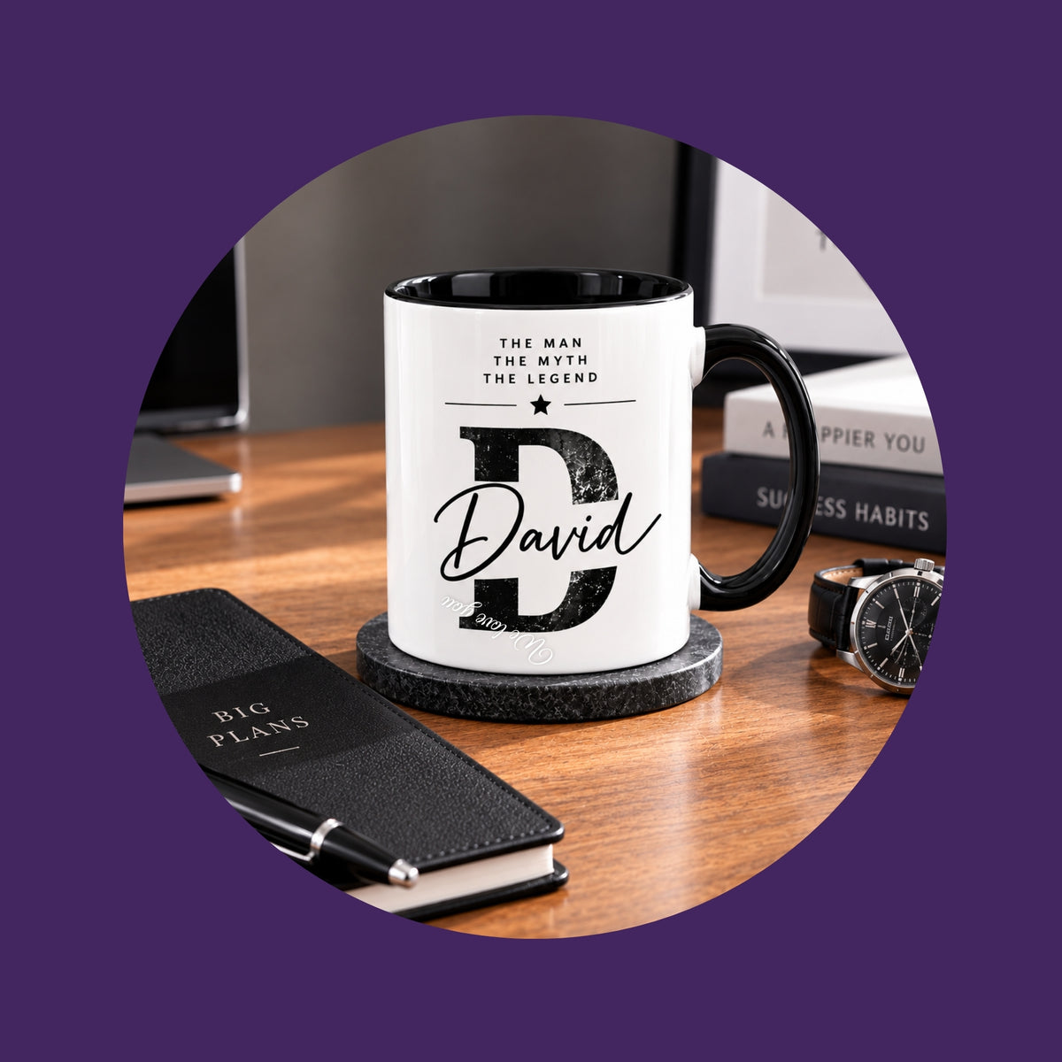 Personalised name mug gift for him in a modern desk setting