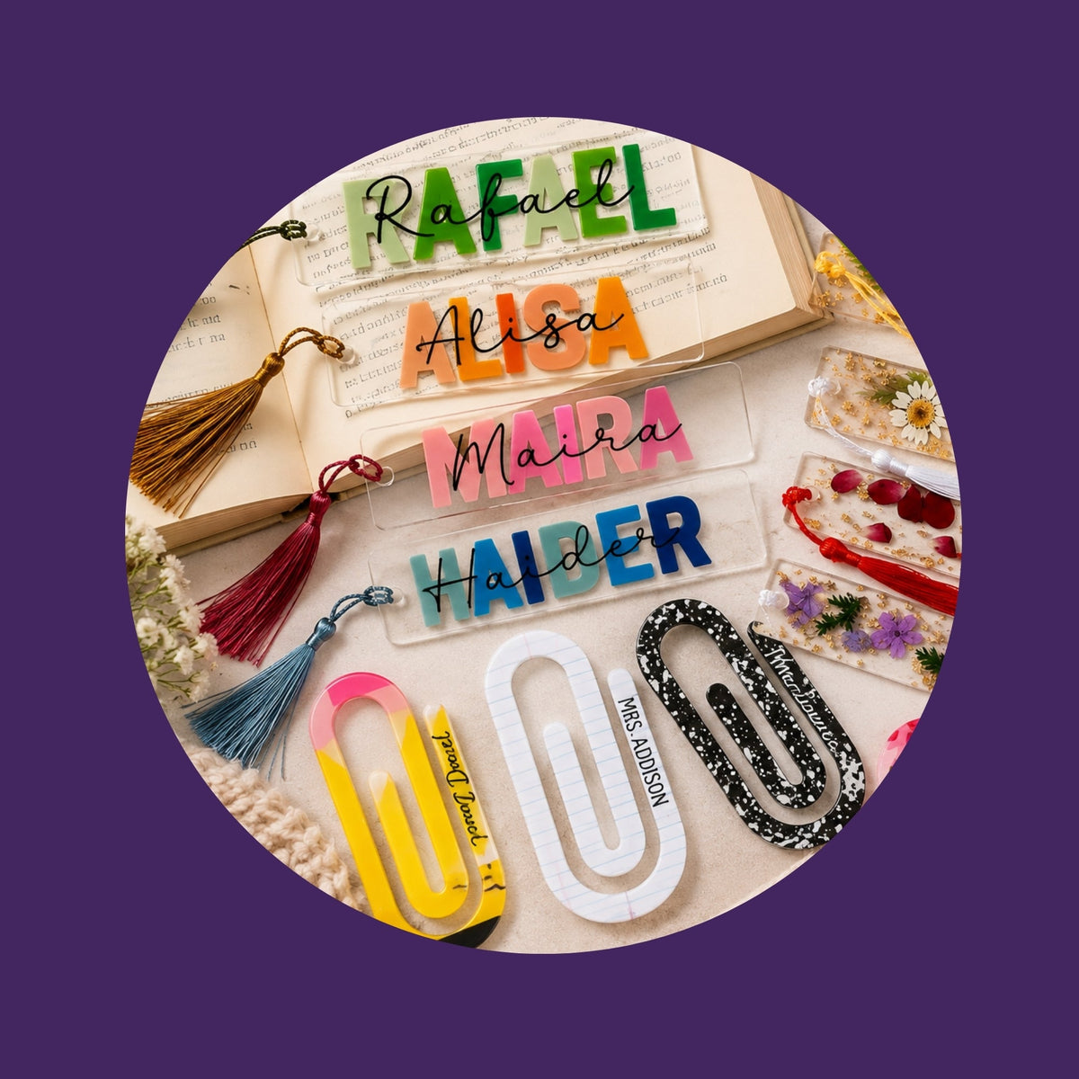 Personalised acrylic name bookmarks, floral bookmarks and jumbo paperclip bookmarks