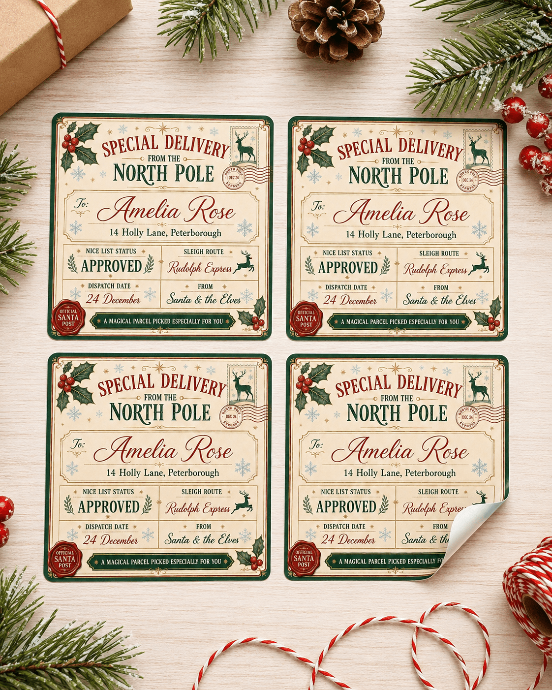 Multi pack of personalised Santa shipping label stickers with different recipient names