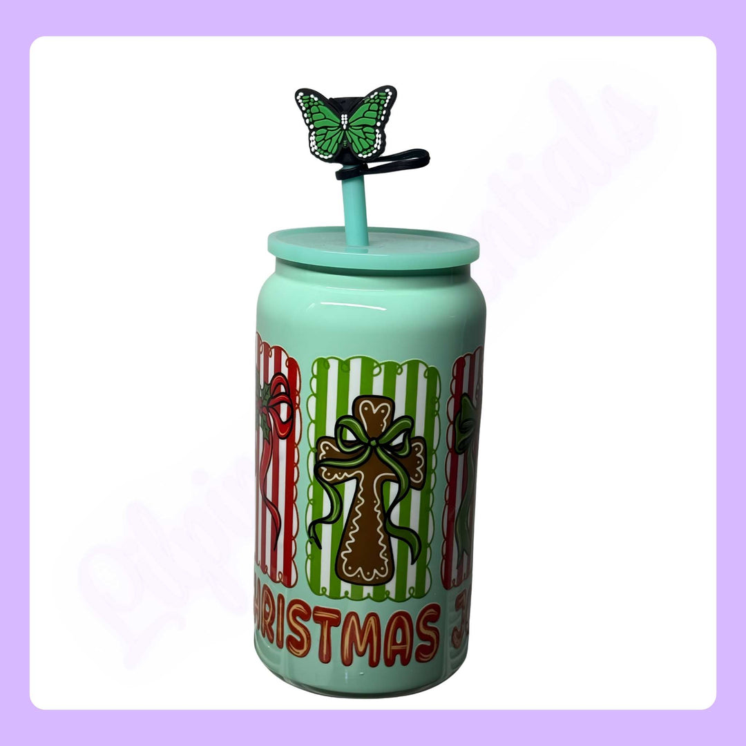 Mint green tumbler with Christmas design and straw 
