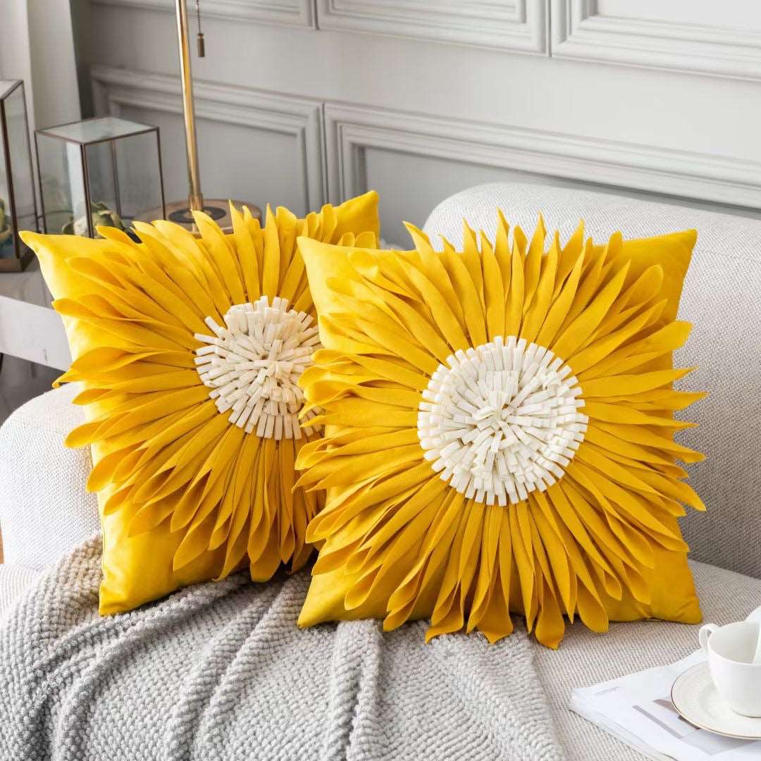 3D Chrysanthemum White Velvet Throw Pillow with Blue Cushion Case