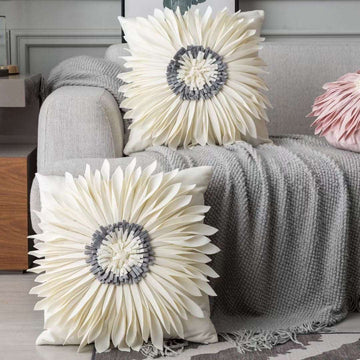 3D Chrysanthemum White Velvet Throw Pillow with Blue Cushion Case