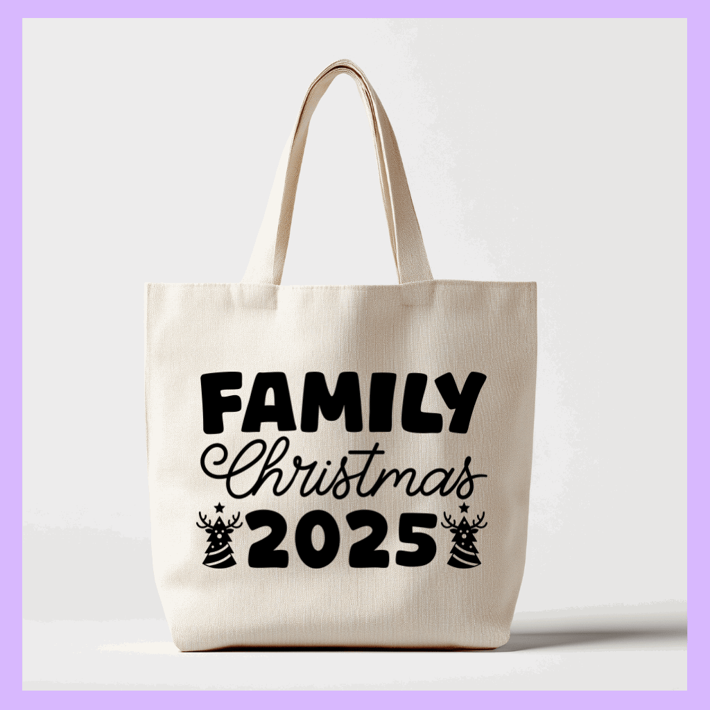 Beige tote bag with 'Family Christmas 2025' text 