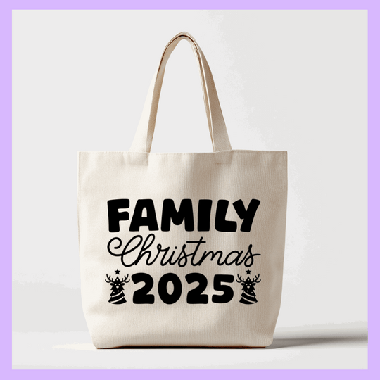 Beige tote bag with 'Family Christmas 2025' text 