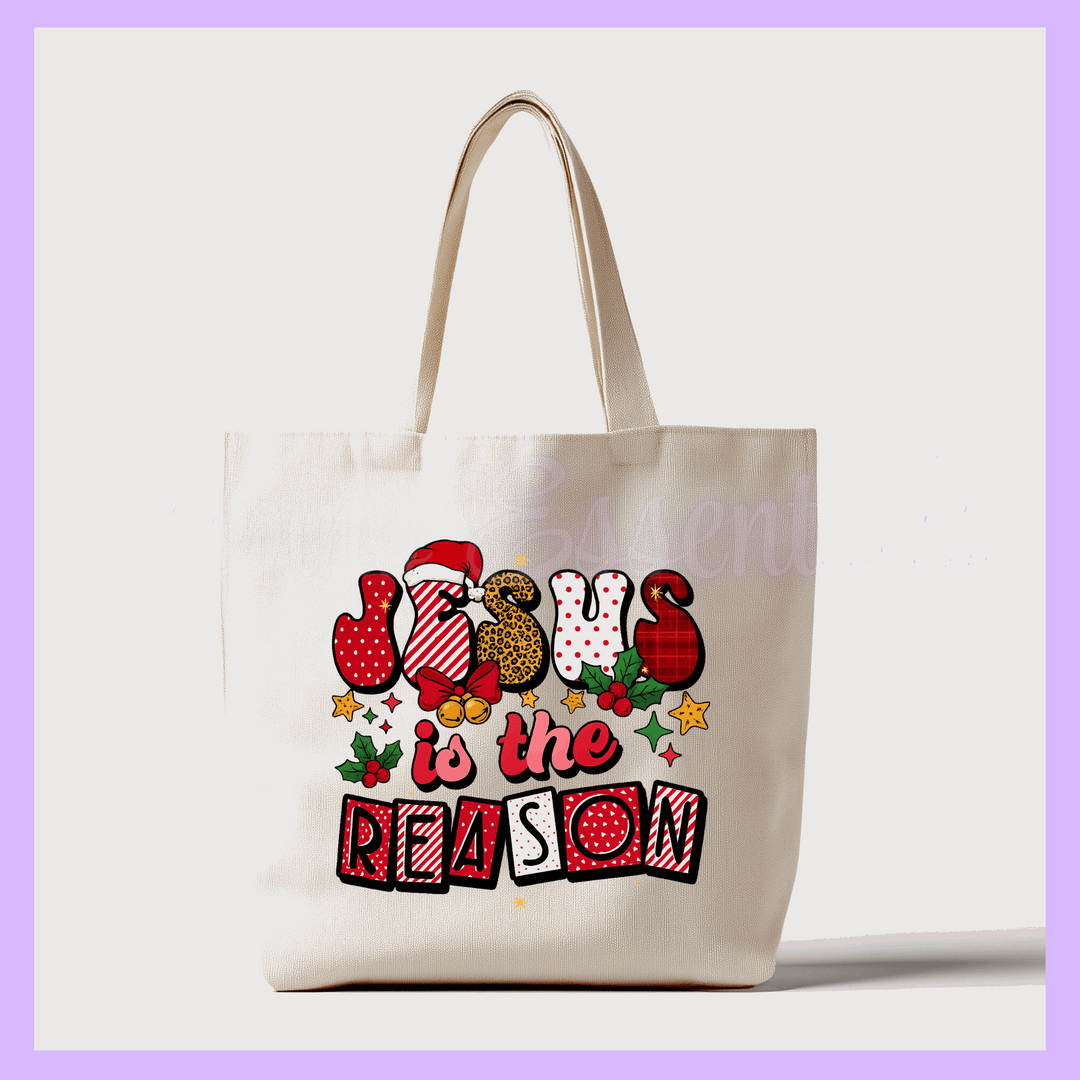 Beige Canvas Tote bag with 'Jesus is the Reason' text in Christmas graphics