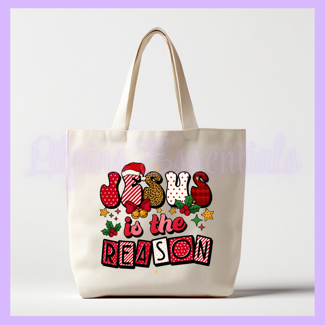 Beige Canvas Tote bag with 'Jesus is the Reason' text in Christmas graphics