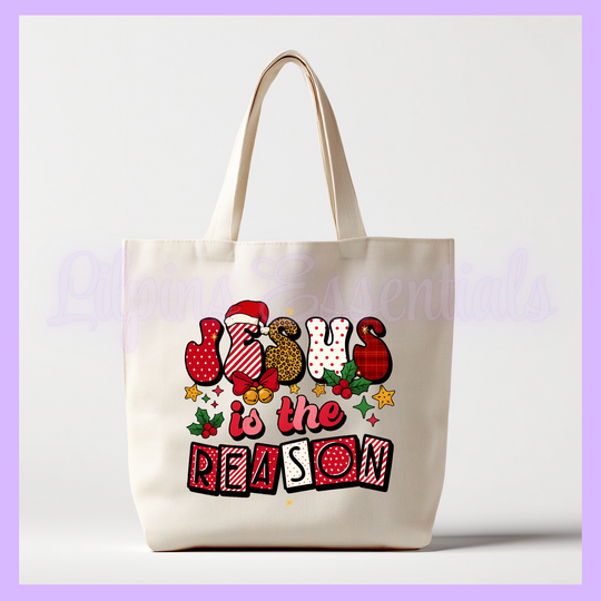 Beige Canvas Tote bag with 'Jesus is the Reason' text in Christmas graphics