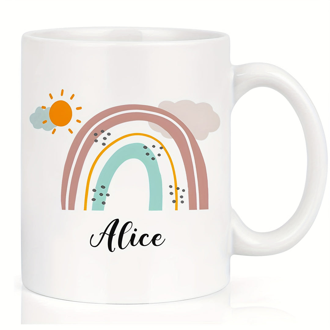 White mug with colourful rainbow design and the personalised name 