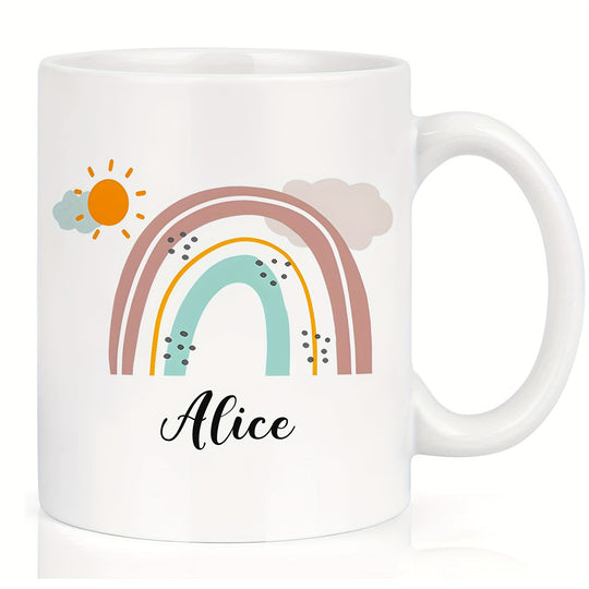 White mug with colourful rainbow design and the personalised name 