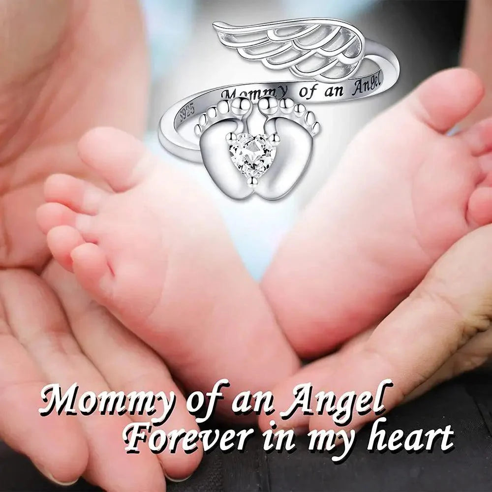 Personalised Sterling Silver Angel Wings Baby Feet Ring - LOX VAULT