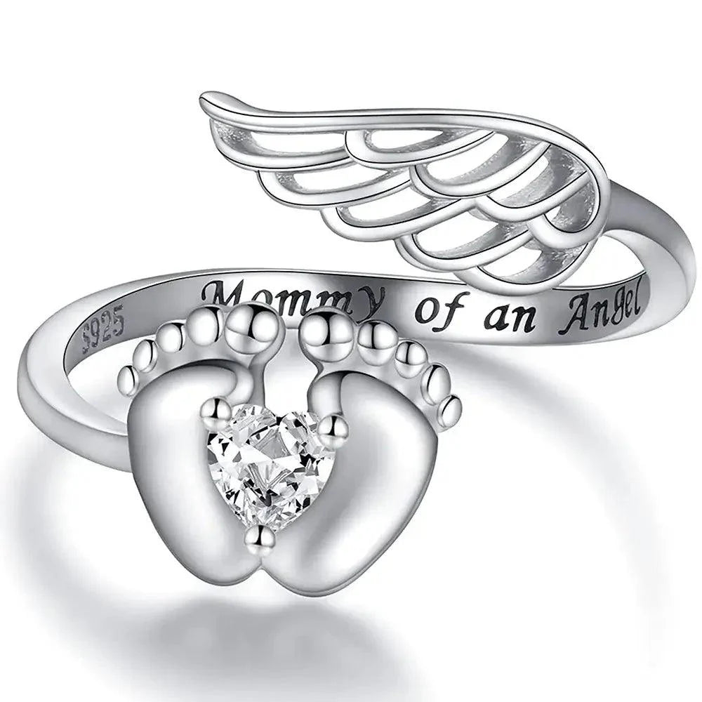 Personalised Sterling Silver Angel Wings Baby Feet Ring - LOX VAULT