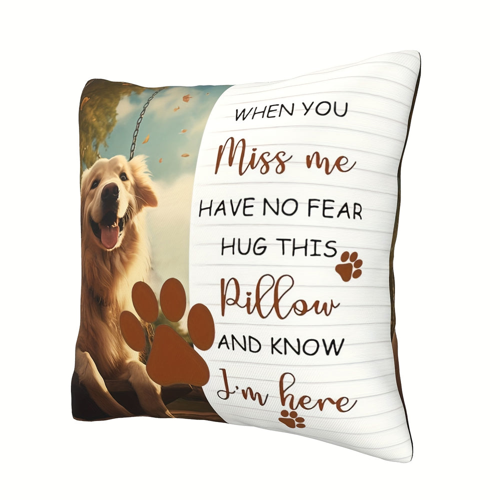 Memorial pet pillow with a dog illustration and text on a white background