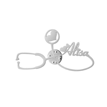 Silver Personalised Name Stethoscope Brooch – Stylish Identity Badge for Medical Professionals