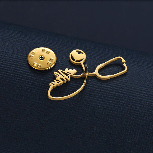 Gold Personalised Name Stethoscope Brooch – Stylish Identity Badge for Medical Professionals