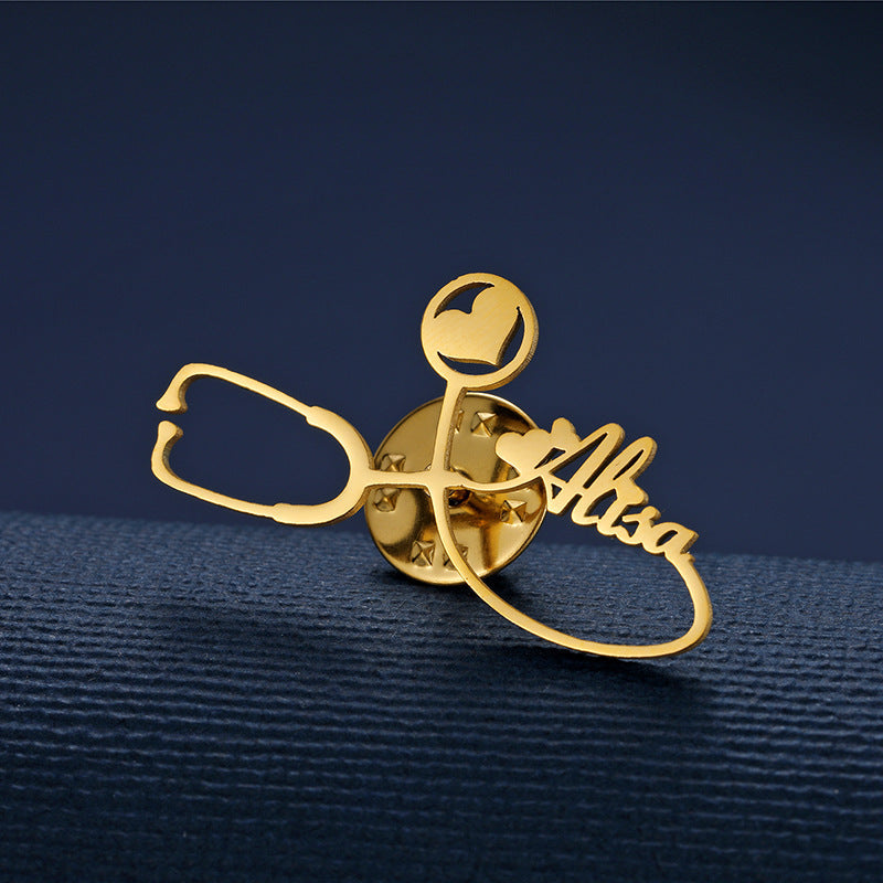 Gold Personalised Name Stethoscope Brooch – Stylish Identity Badge for Medical Professionals