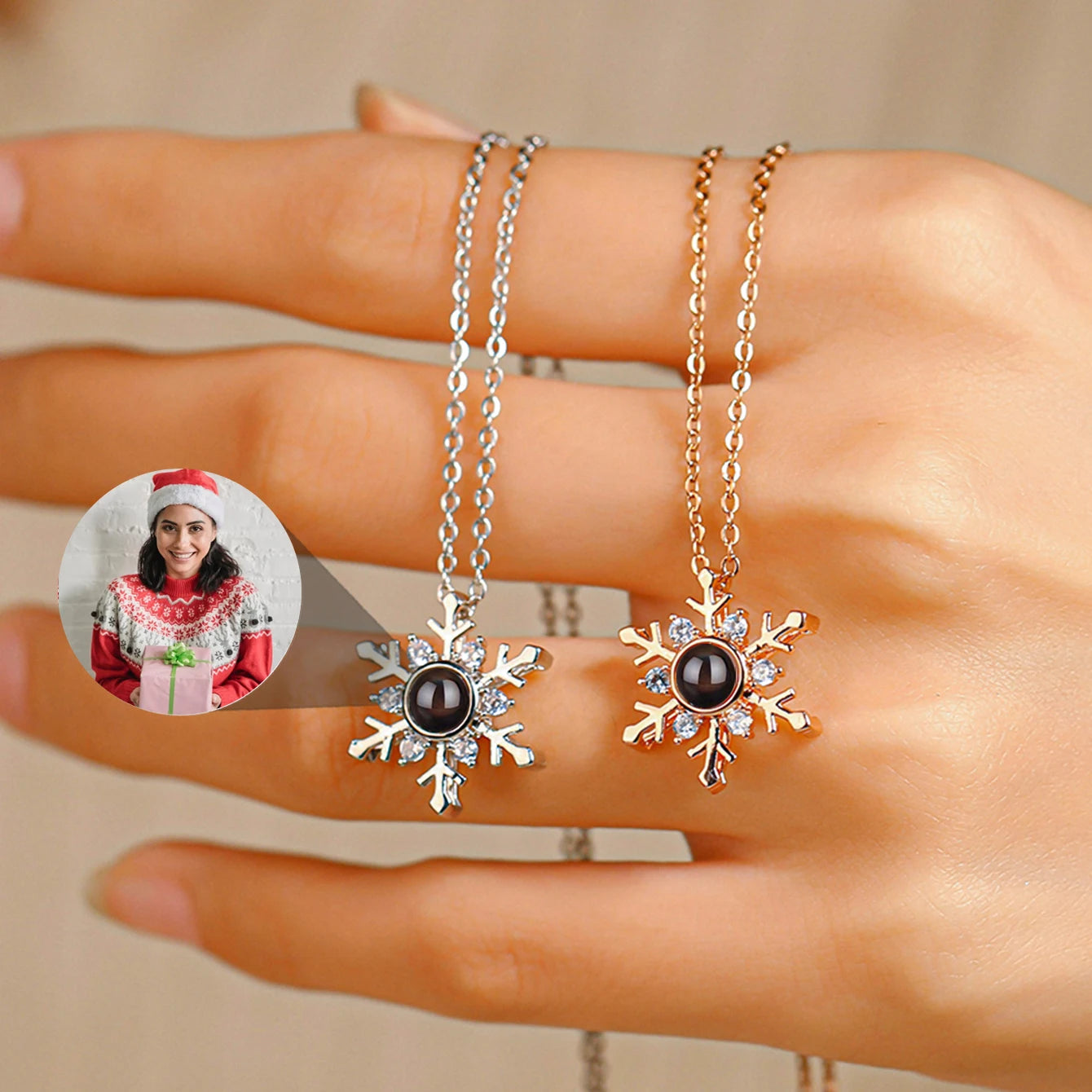 Personalised Snowflake Projection Necklace - silver, rose gold