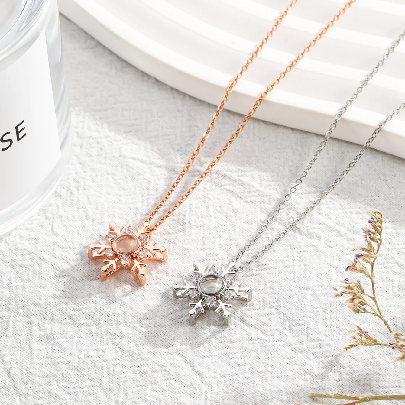 Personalised Snowflake Projection Necklace rose gold, silver