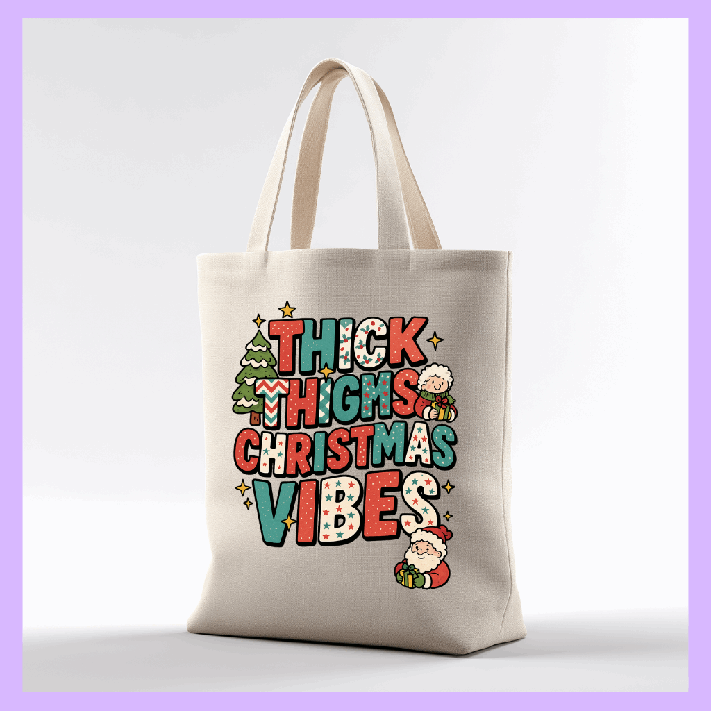 Tote bag with 'Thick Thighs Christmas Vibes' text and festive graphics