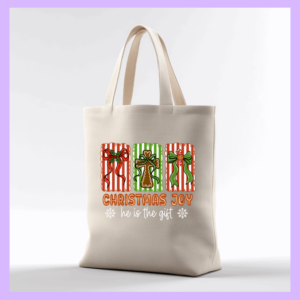 Tote bag with Christmas design featuring text and graphics Christmas Joy