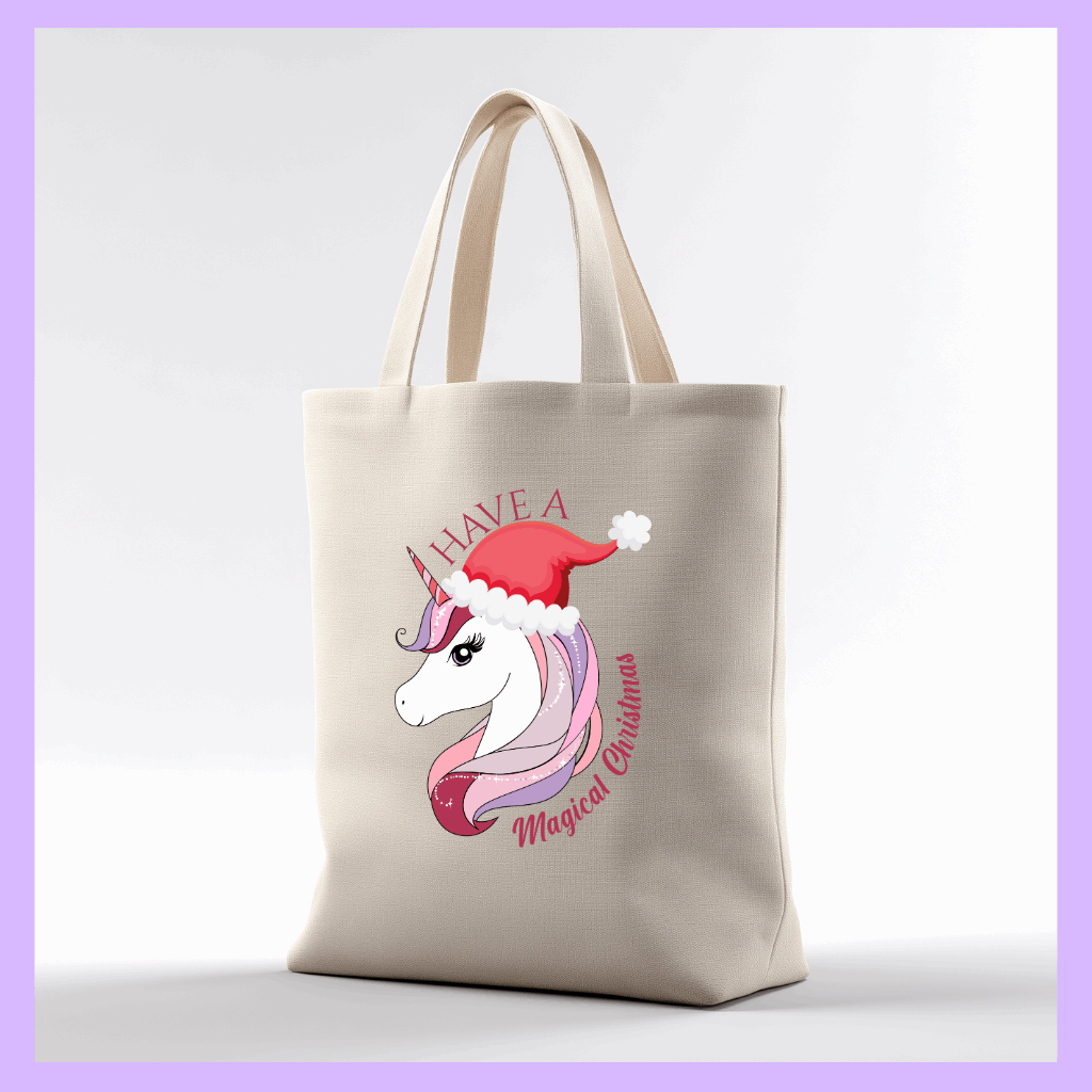 Tote bag with a unicorn wearing a Santa hat with Magical Christmas text