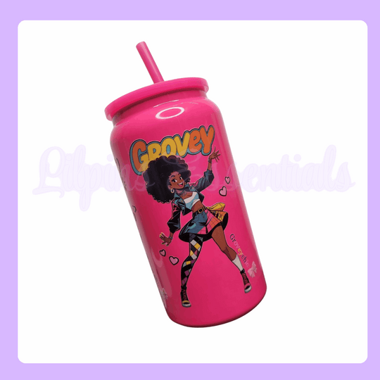 16oz Stainless Steel Pink Tumbler with Pink tumbler with a character and 'Grovey chic' text