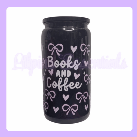 16oz Black Plastic Tumbler with  'Books and Coffee' text and decorative ribbons and hearts