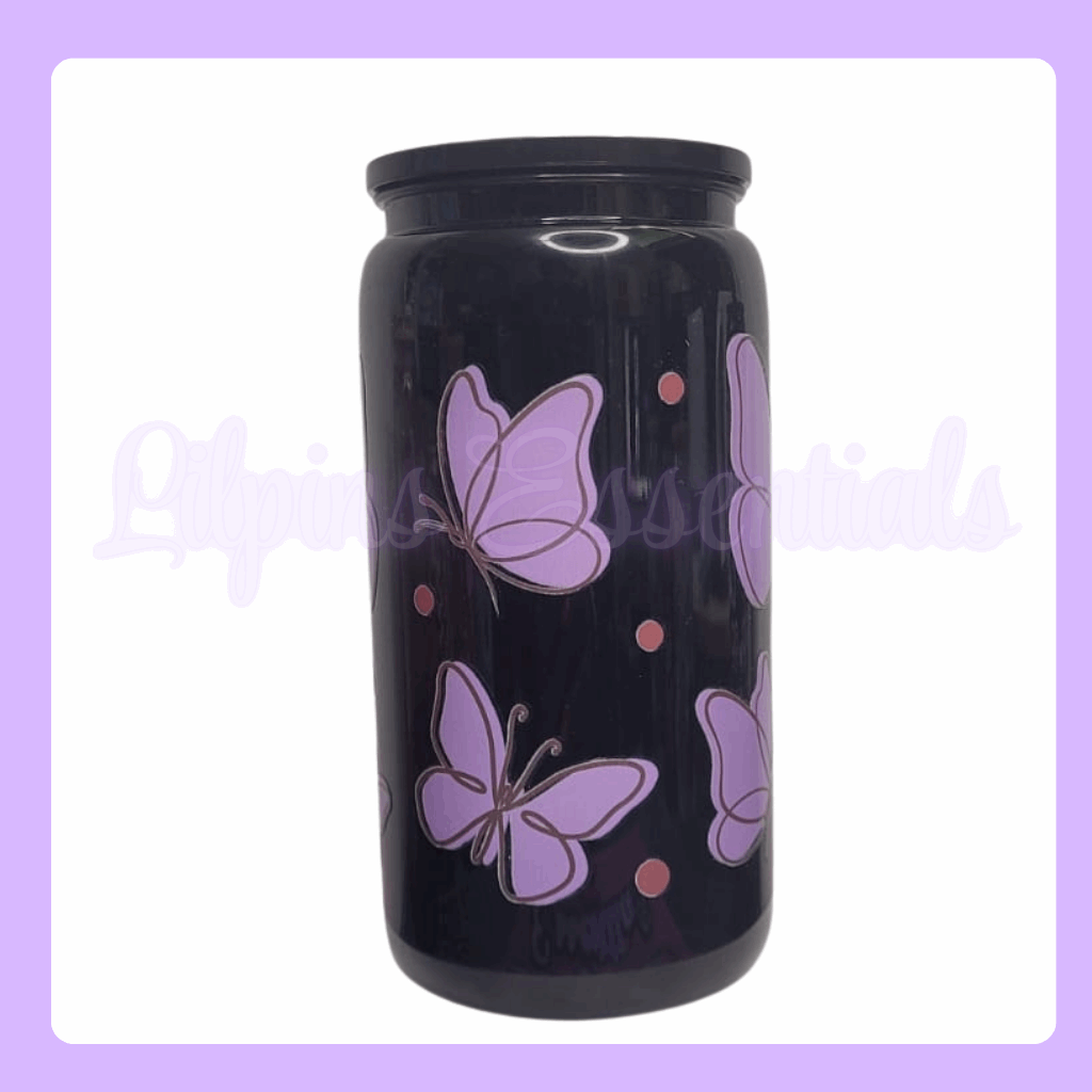 16oz Black Tumbler  with purple butterfly designs 