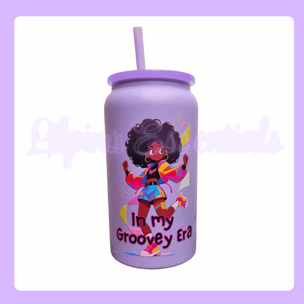 Lilac 16oz Stainless Steel Tumbler with a colourful character design and text IN MY GROOVEY ERA