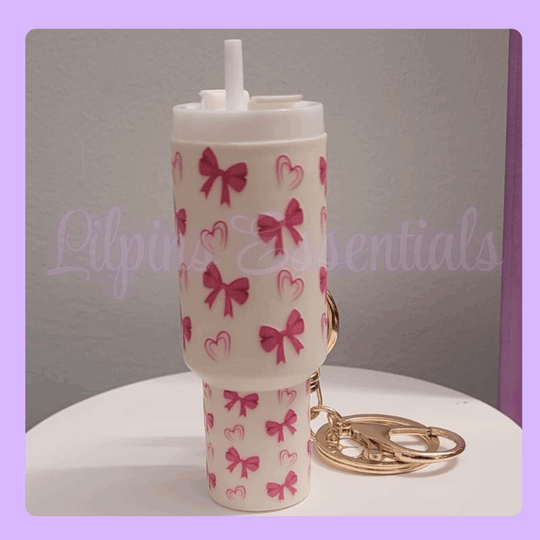 Min Stanley Tumbler keychain with pink bow and heart patterns 