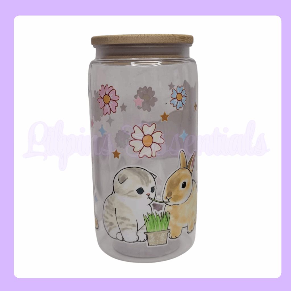 Plastic 16oz Tumbler Cute Cat and Rabbit design