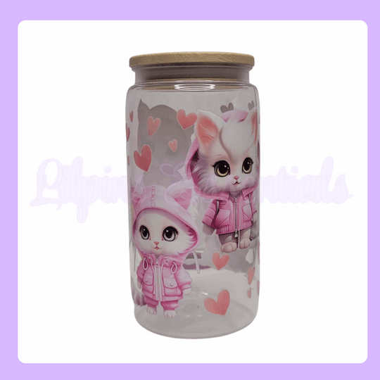 16oz Glass Tumbler with pink hooded cat design 