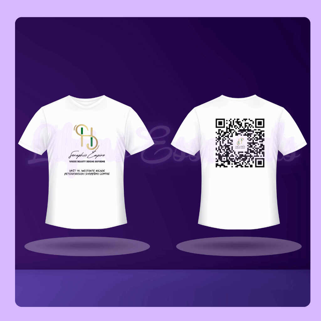 White t-shirt with logo and text on front, QR code on back against a purple background