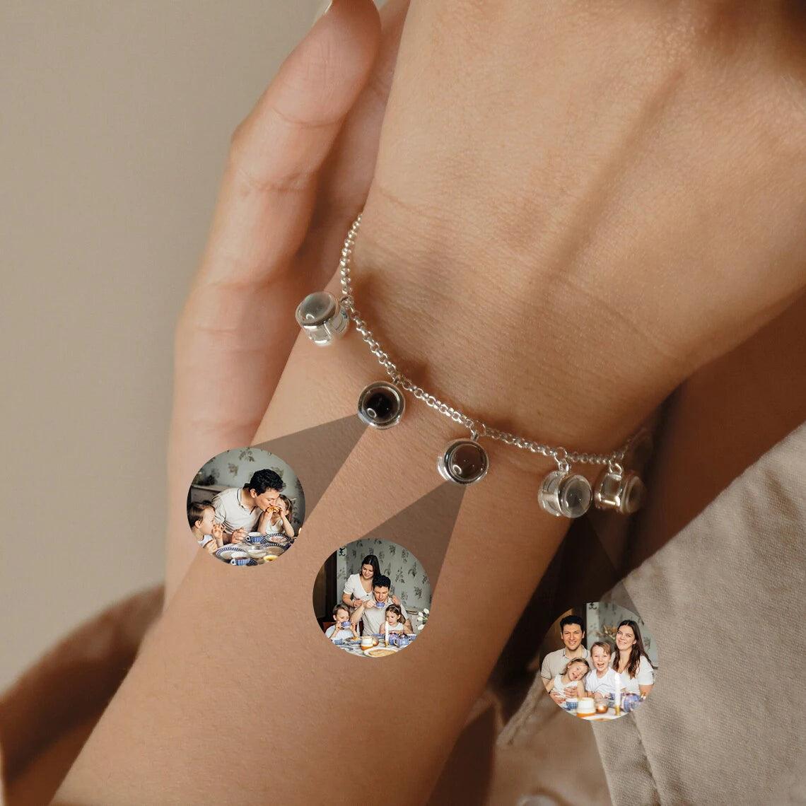 Customisable multi-photo projection bracelet, Personalised photo bracelet with projection charms