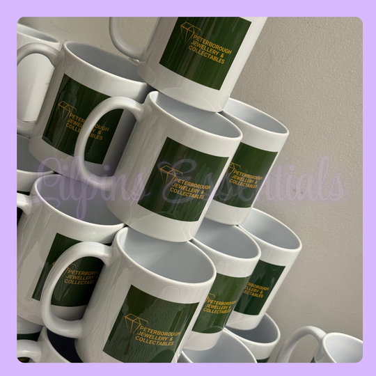 White ceramic mug with custom printed business logo