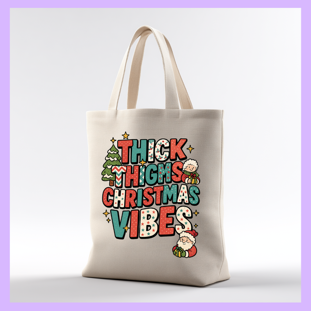Tote bag with 'Thick Thighs Christmas Vibes' text and festive graphics