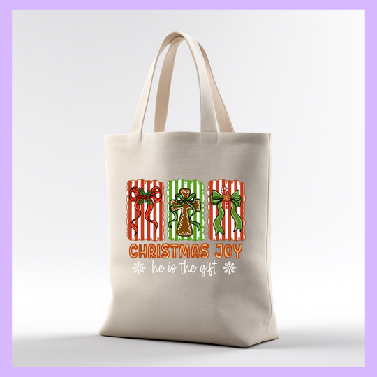 Tote bag with Christmas design featuring text and graphics Christmas Joy