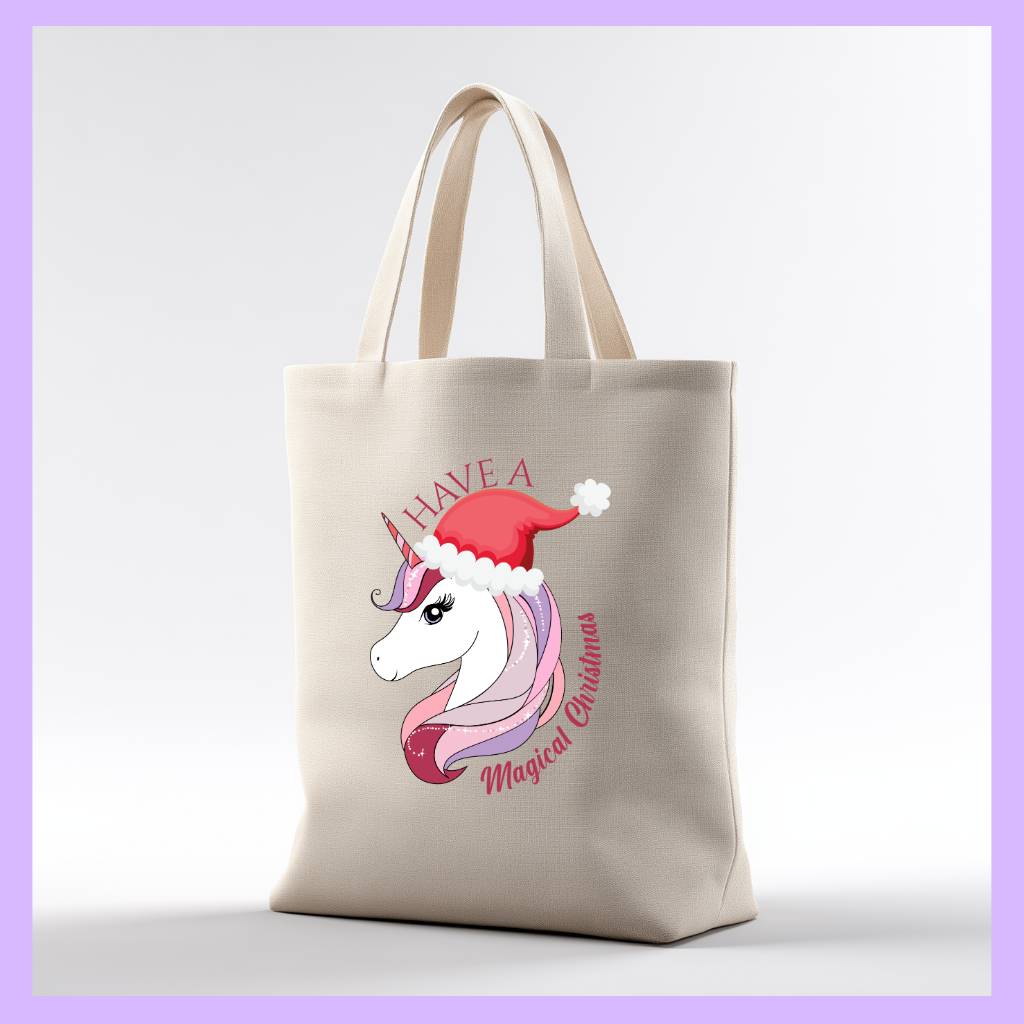 Tote bag with a unicorn wearing a Santa hat with Magical Christmas text