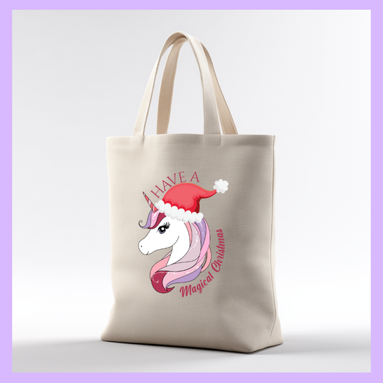 Tote bag with a unicorn wearing a Santa hat with Magical Christmas text