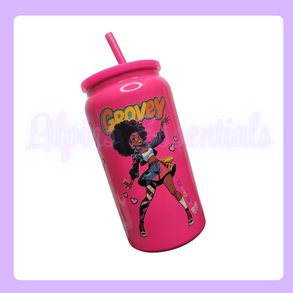 16oz Stainless Steel Pink Tumbler with Pink tumbler with a character and 'Grovey chic' text