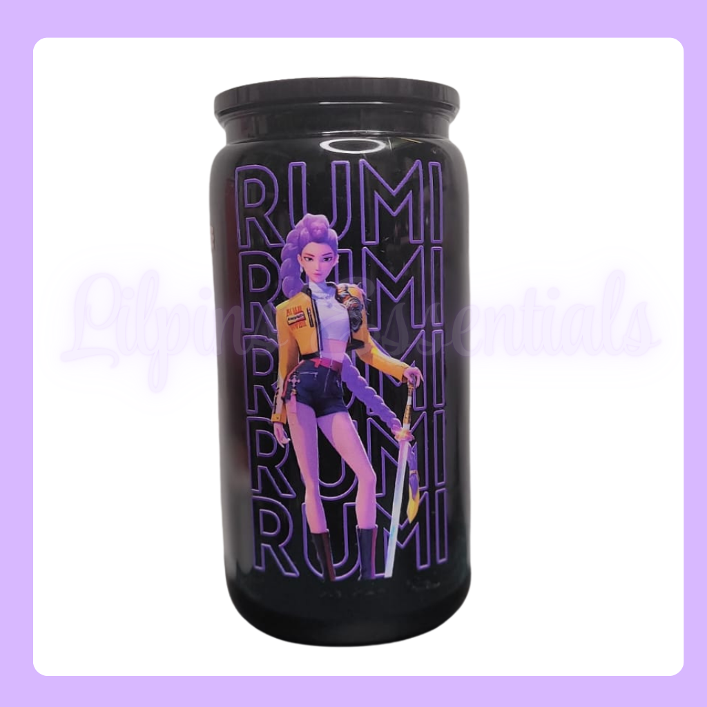 Black Plastic 16oz Tumbler with  a character design and 'RUMI from KPOP' text 