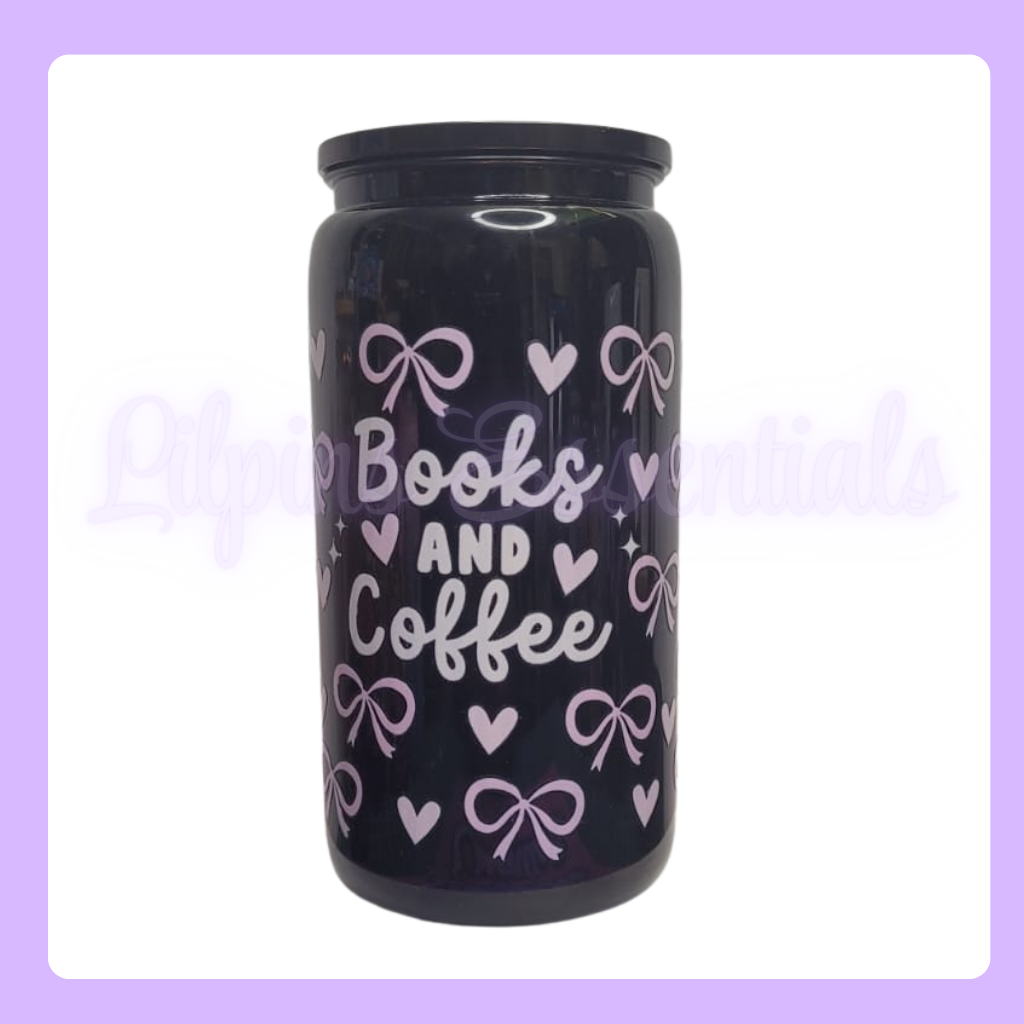 16oz Black Plastic Tumbler with  'Books and Coffee' text and decorative ribbons and hearts