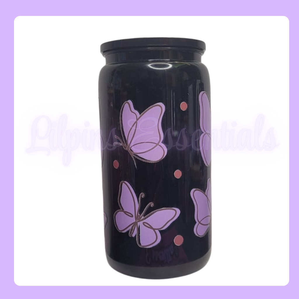 16oz Black Tumbler  with purple butterfly designs 