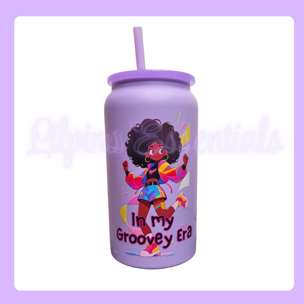 Lilac 16oz Stainless Steel Tumbler with a colourful character design and text IN MY GROOVEY ERA