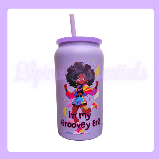 Lilac 16oz Stainless Steel Tumbler with a colourful character design and text IN MY GROOVEY ERA