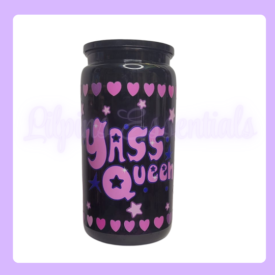 16oz Black Plastic Tumbler with pink text 'MOM YASS QUEEN' and decorative hearts and stars